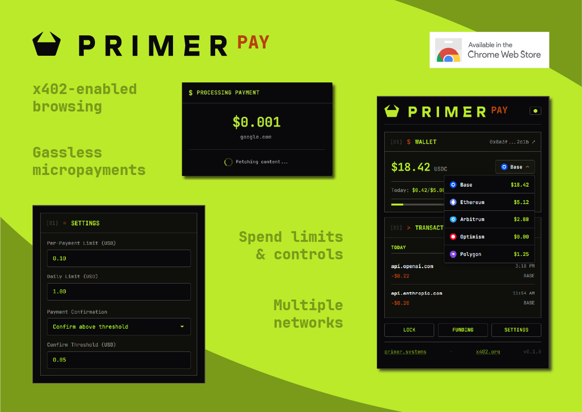Primer Pay - x402-enabled browsing with gasless micropayments, spend limits, and multi-chain support